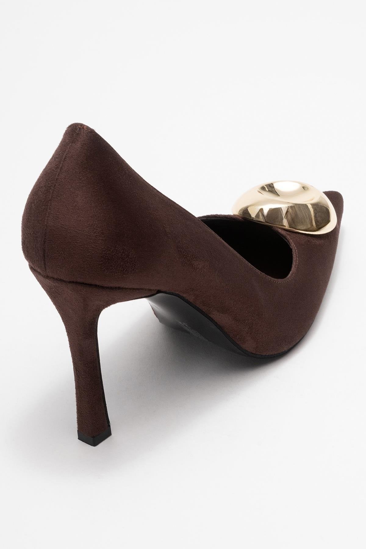 Jordana - Brown Suede Gold Buckle Stiletto Heeled Shoe (Women)