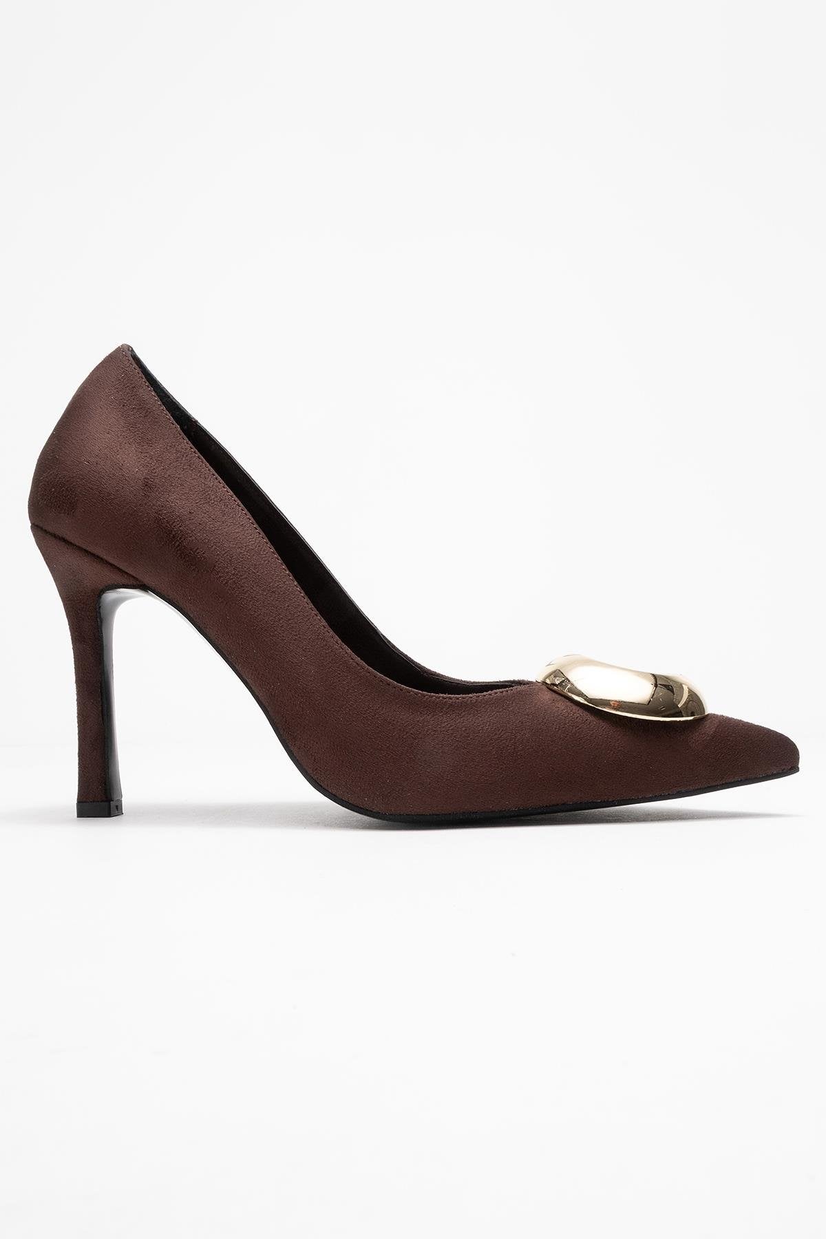 Jordana - Brown Suede Gold Buckle Stiletto Heeled Shoe (Women)