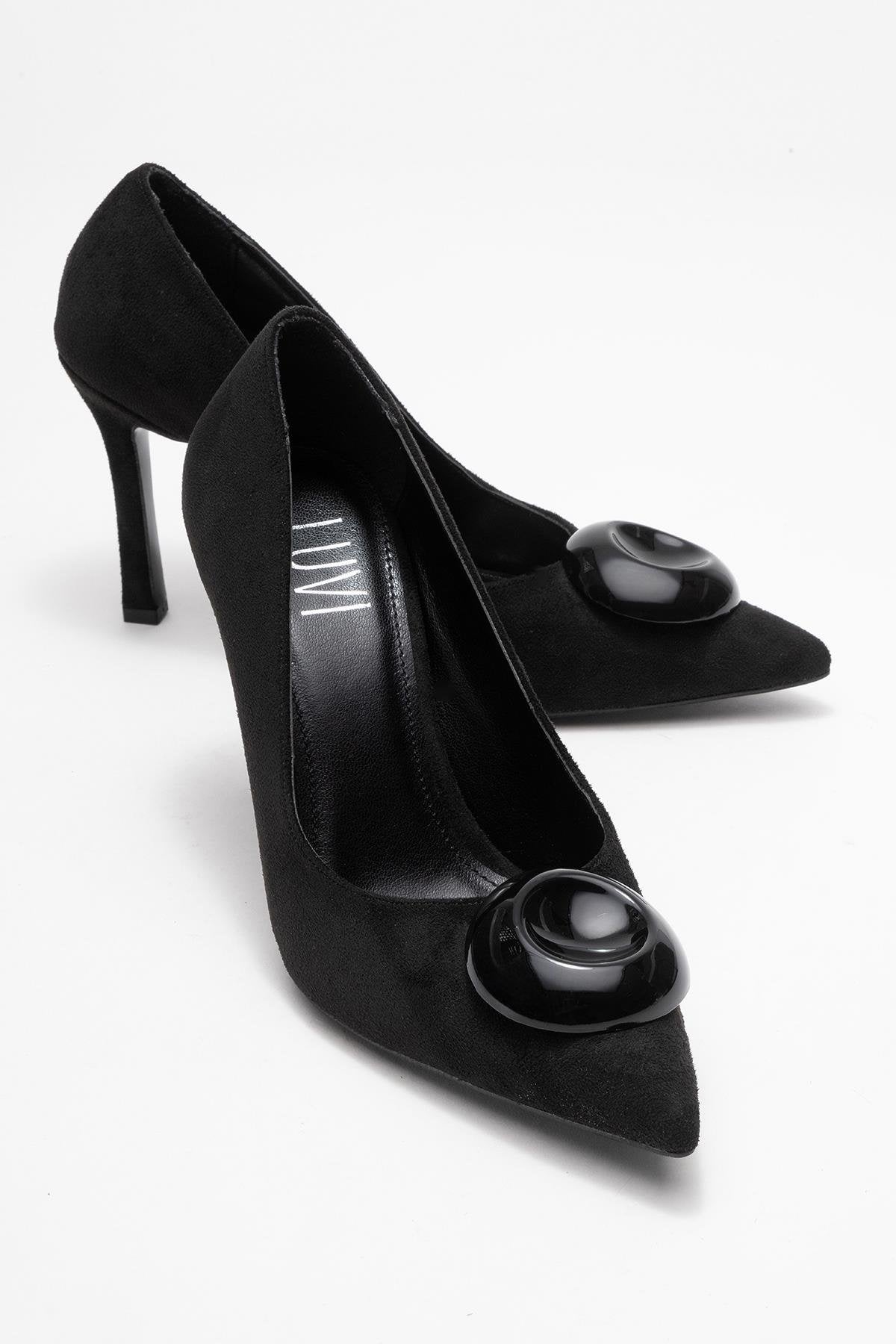 Jordana - Black Suede Buckle Stiletto Heeled Shoe (Women)