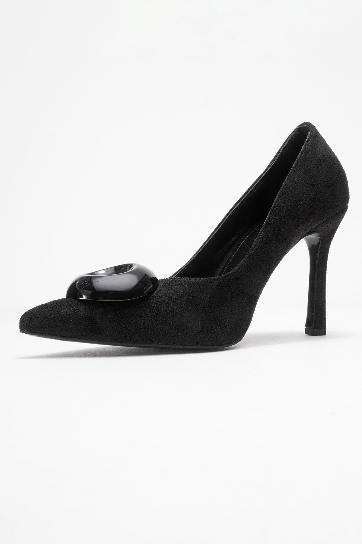 Jordana - Black Suede Buckle Stiletto Heeled Shoe (Women)