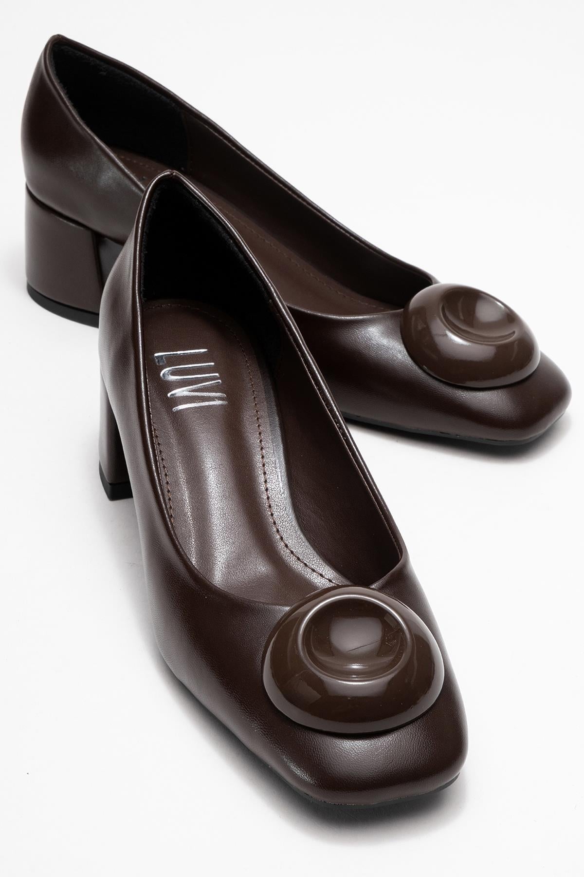 Mila - Brown Buckle Square Toe Block Heel Shoe (Women)