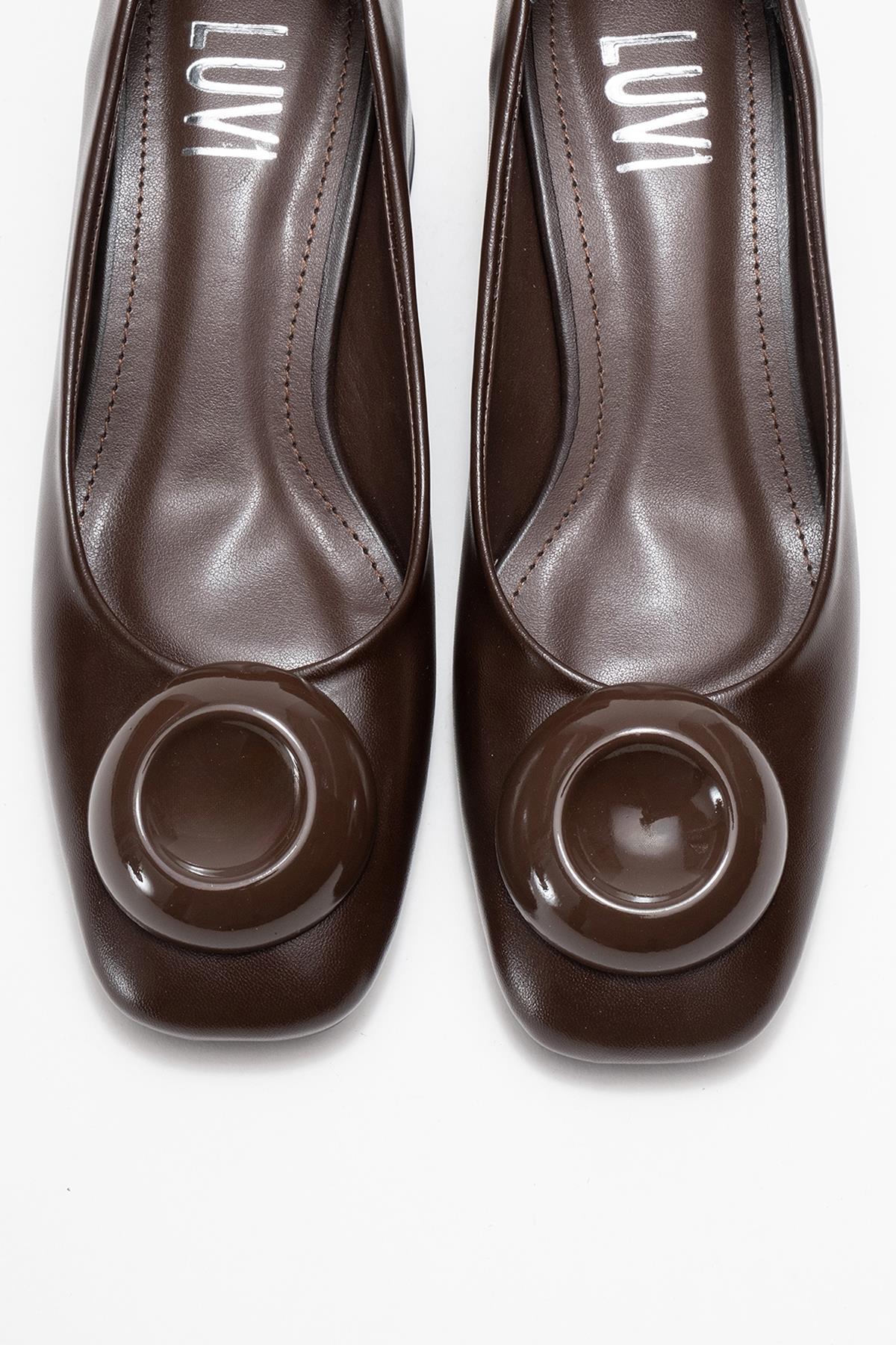 Mila - Brown Buckle Square Toe Block Heel Shoe (Women)