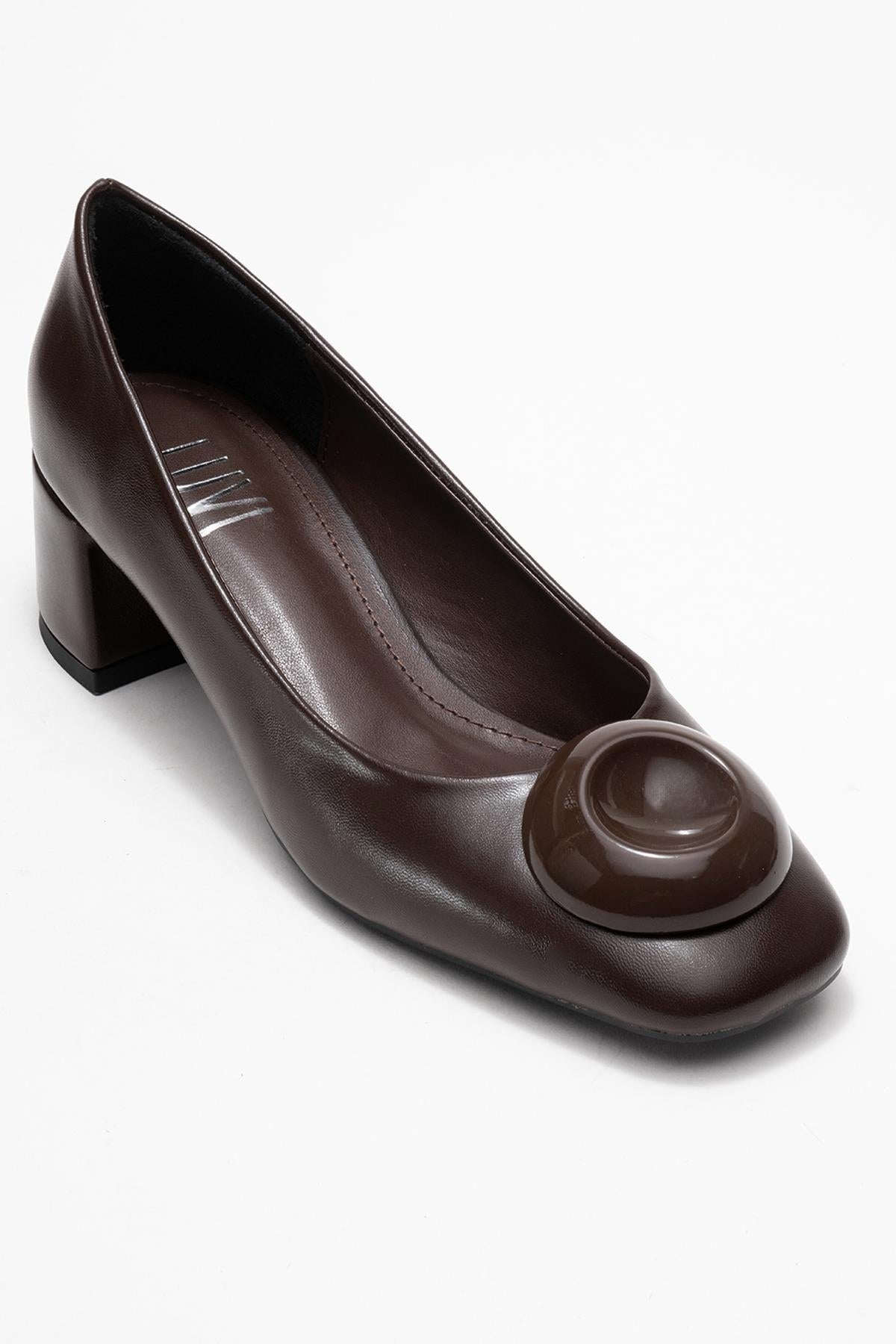 Mila - Brown Buckle Square Toe Block Heel Shoe (Women)