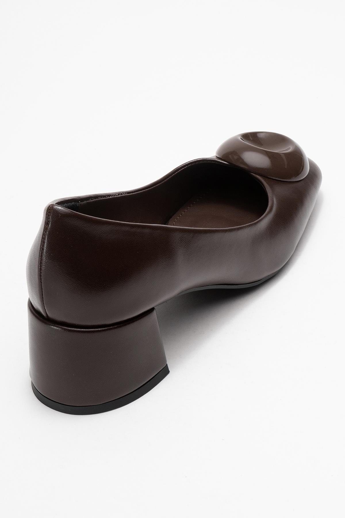 Mila - Brown Buckle Square Toe Block Heel Shoe (Women)