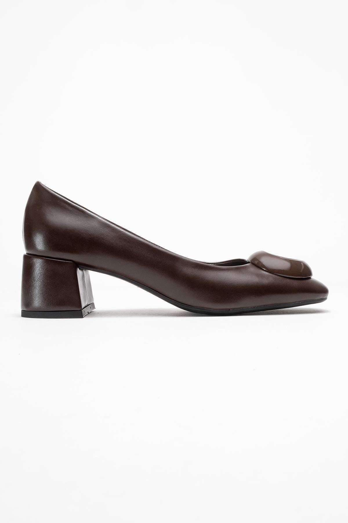 Mila - Brown Buckle Square Toe Block Heel Shoe (Women)
