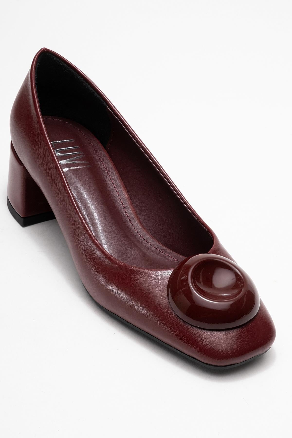 Mila - Burgundy Buckle Square Toe Block Heel Shoe (Women)