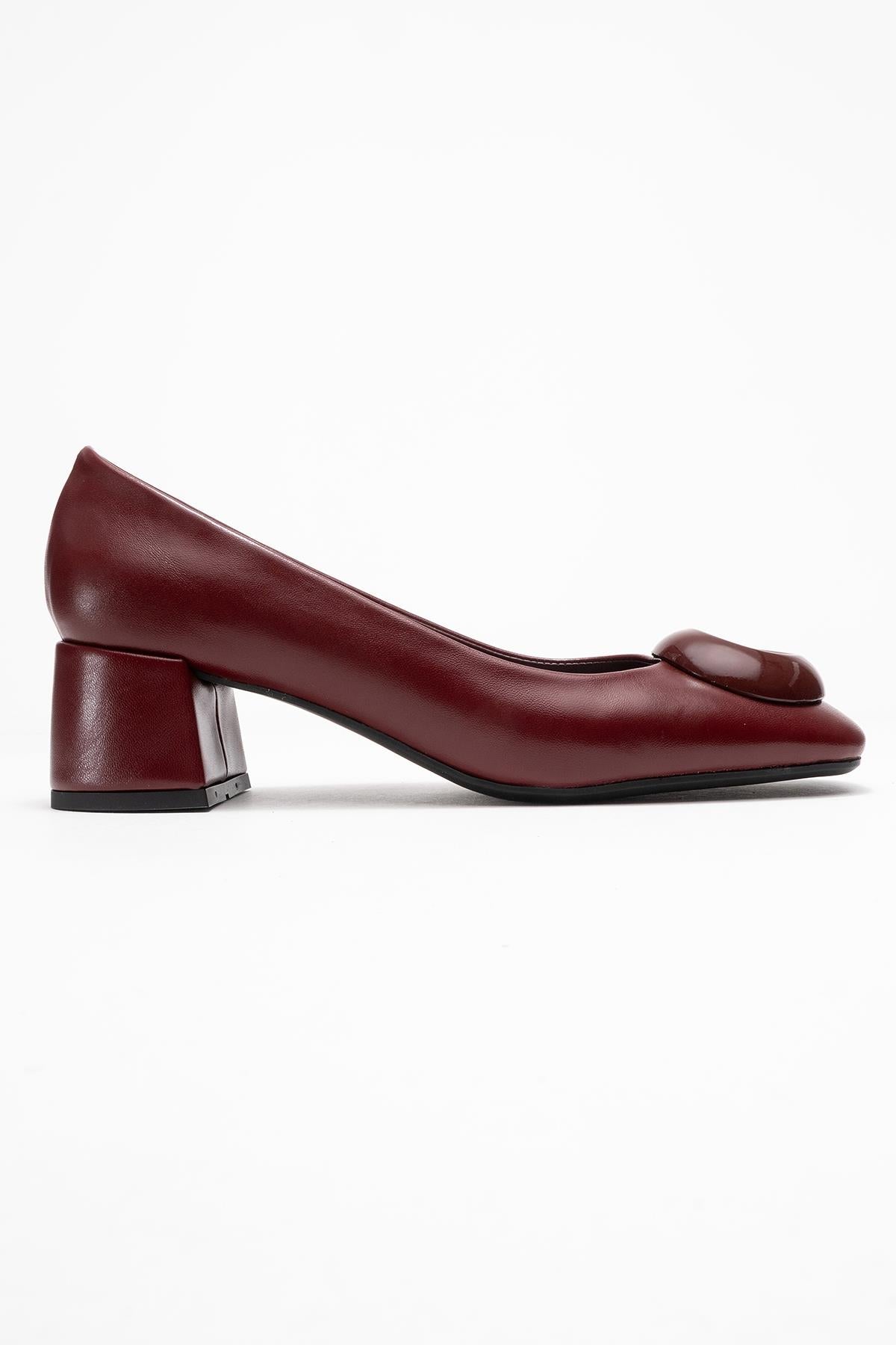 Mila - Burgundy Buckle Square Toe Block Heel Shoe (Women)