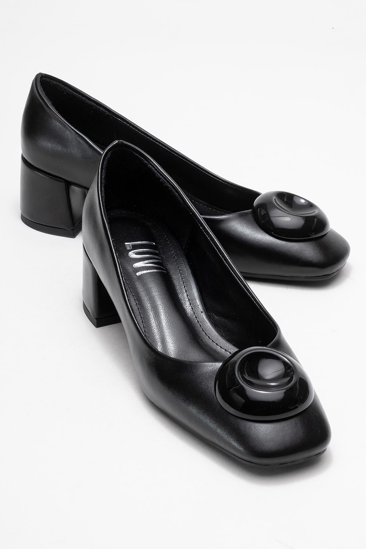 Mila - Black Buckle Square Toe Block Heel Shoe (Women)