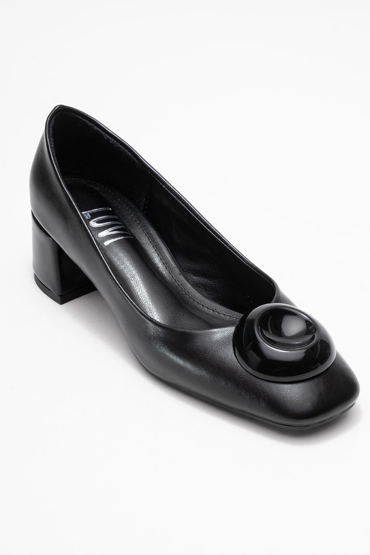 Mila - Black Buckle Square Toe Block Heel Shoe (Women)