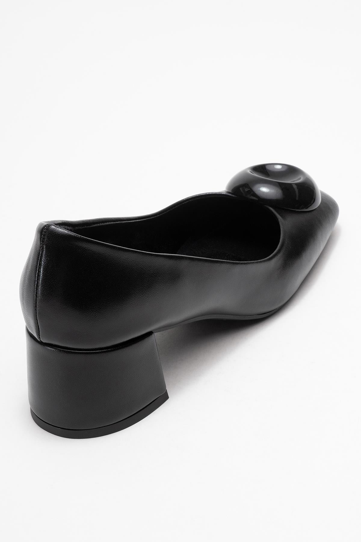 Mila - Black Buckle Square Toe Block Heel Shoe (Women)