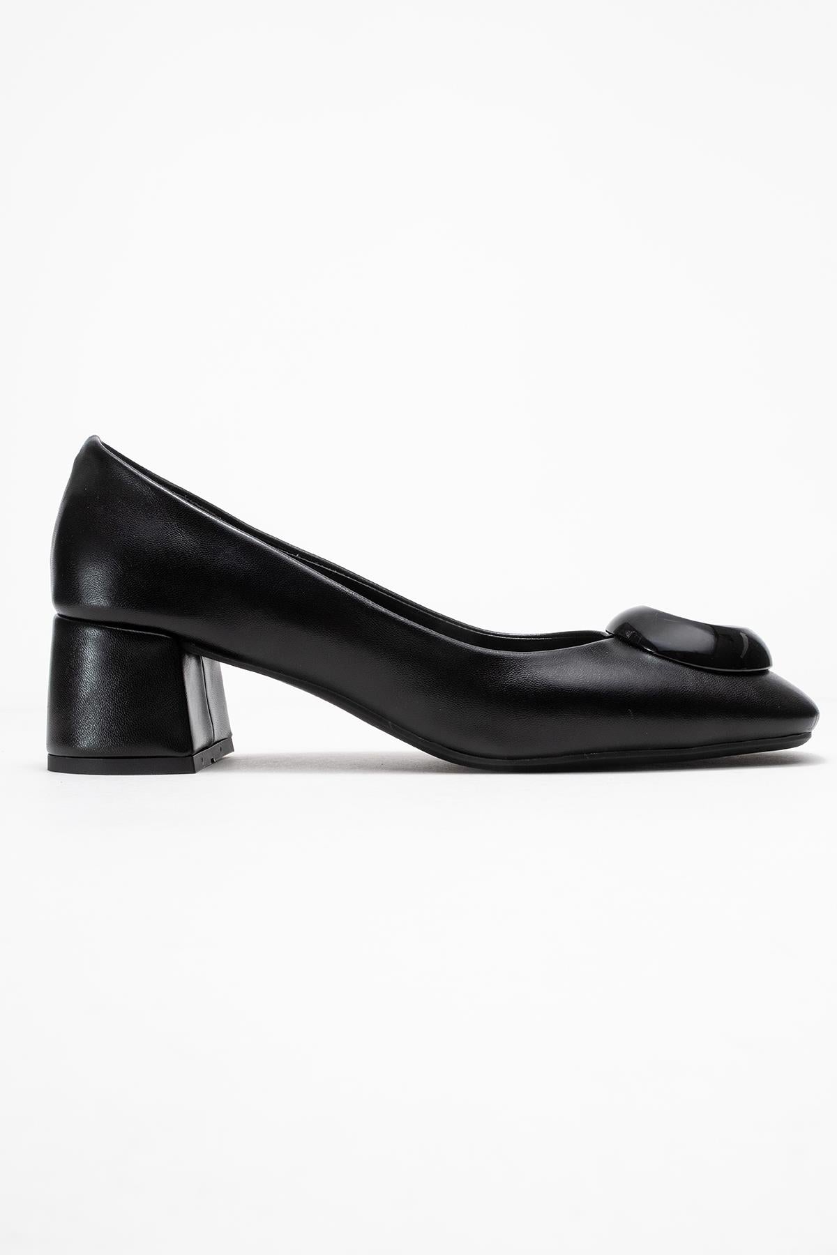 Mila - Black Buckle Square Toe Block Heel Shoe (Women)
