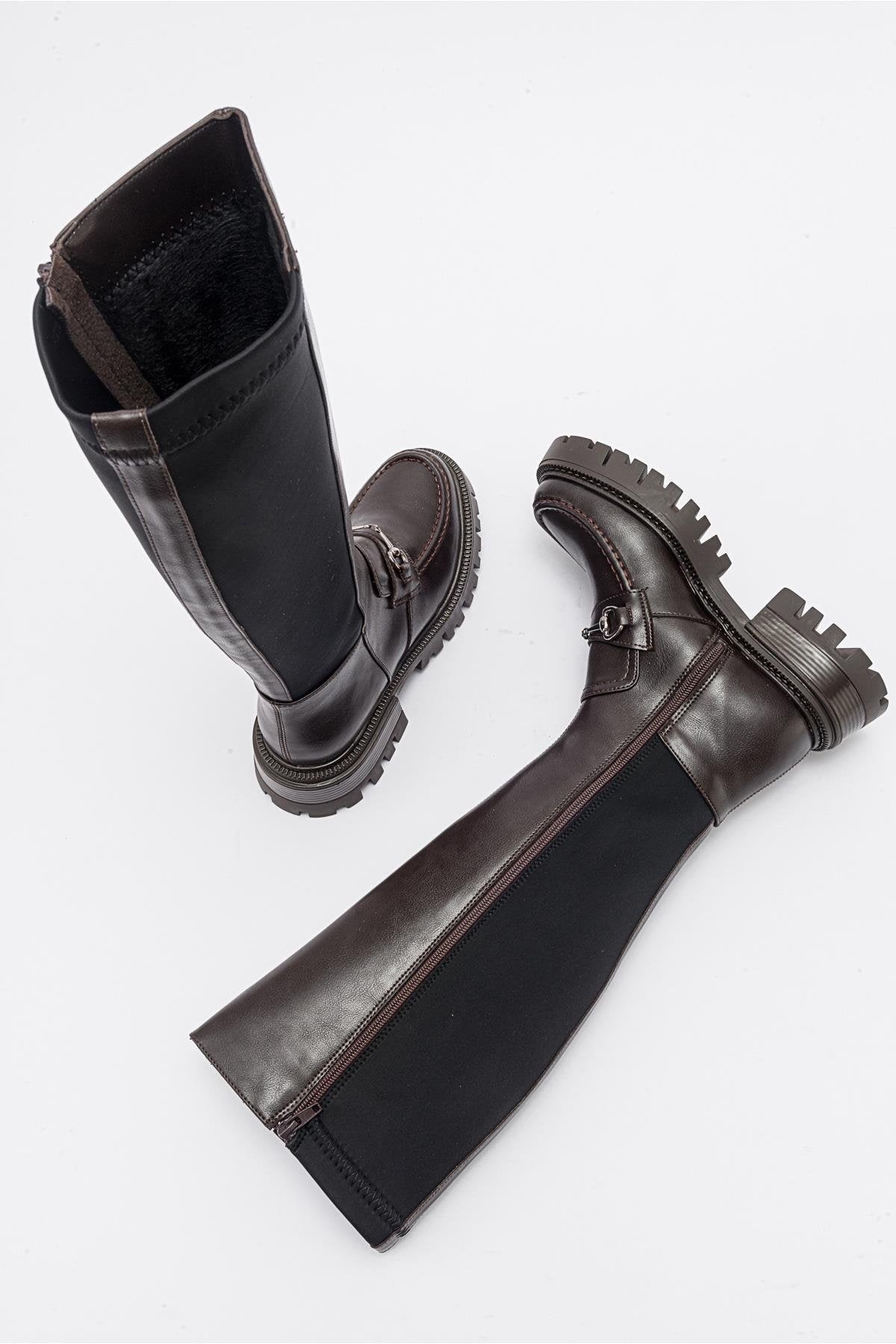 Chapel - Brown Leather Buckle Stretch Detail Boot (Women)