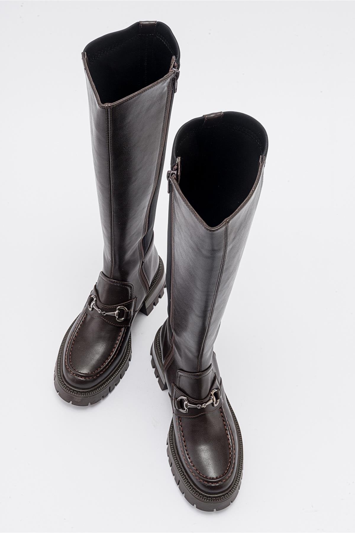 Chapel - Brown Leather Buckle Stretch Detail Boot (Women)