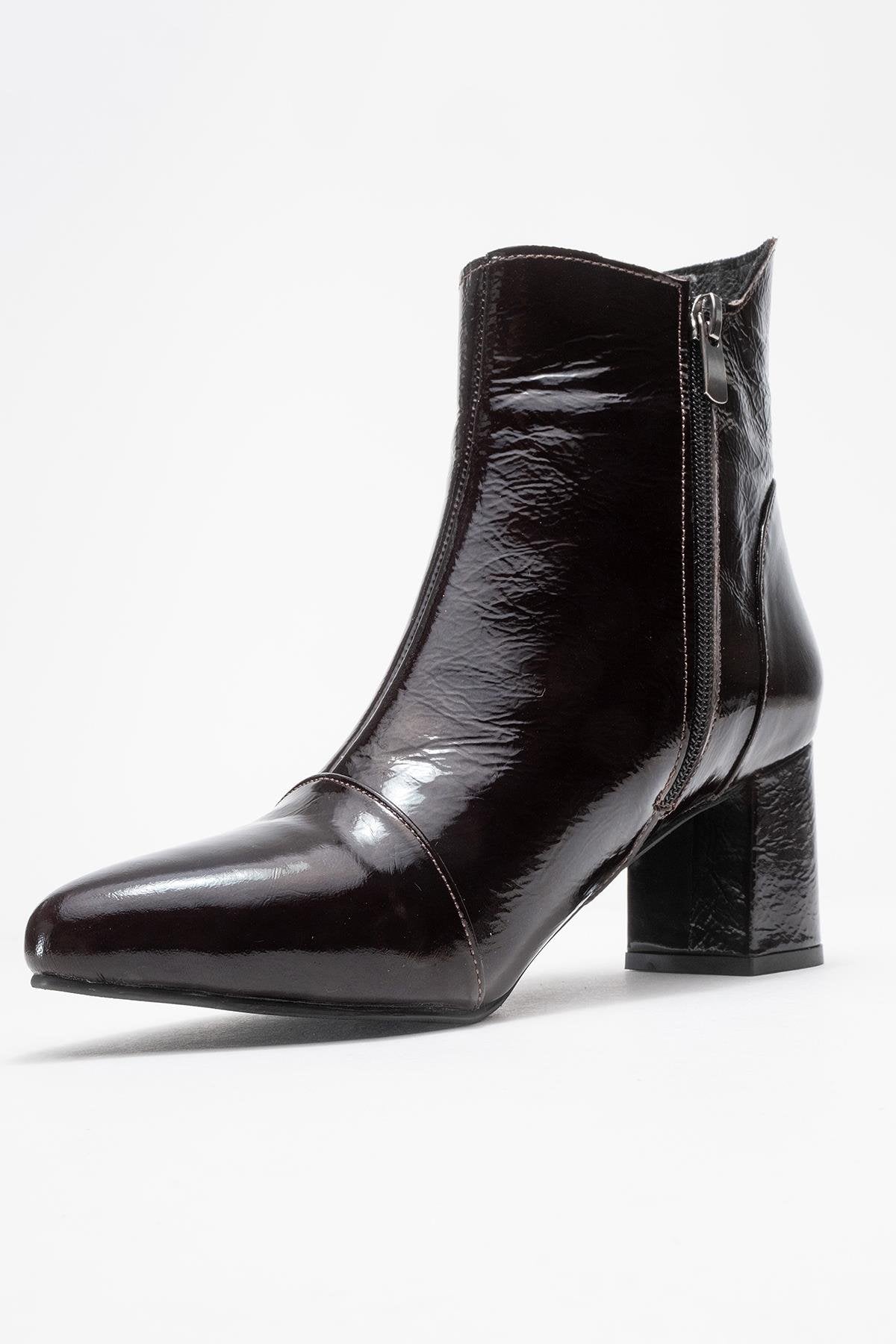 Gael - Dark Brown Patent Genuine Leather Block Heel Ankle Boot (Women)