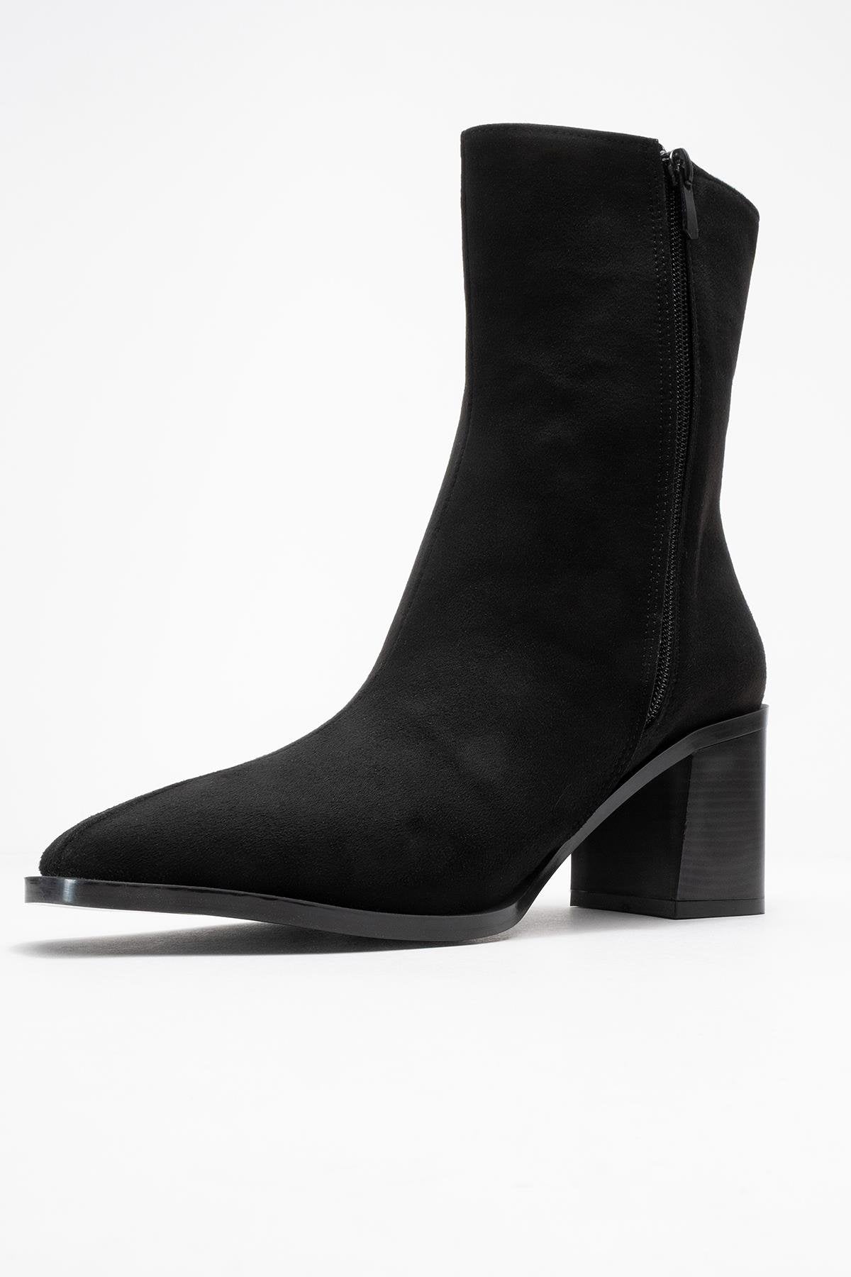 Chara - Black Suede Block Heel Ankle Boot (Women)