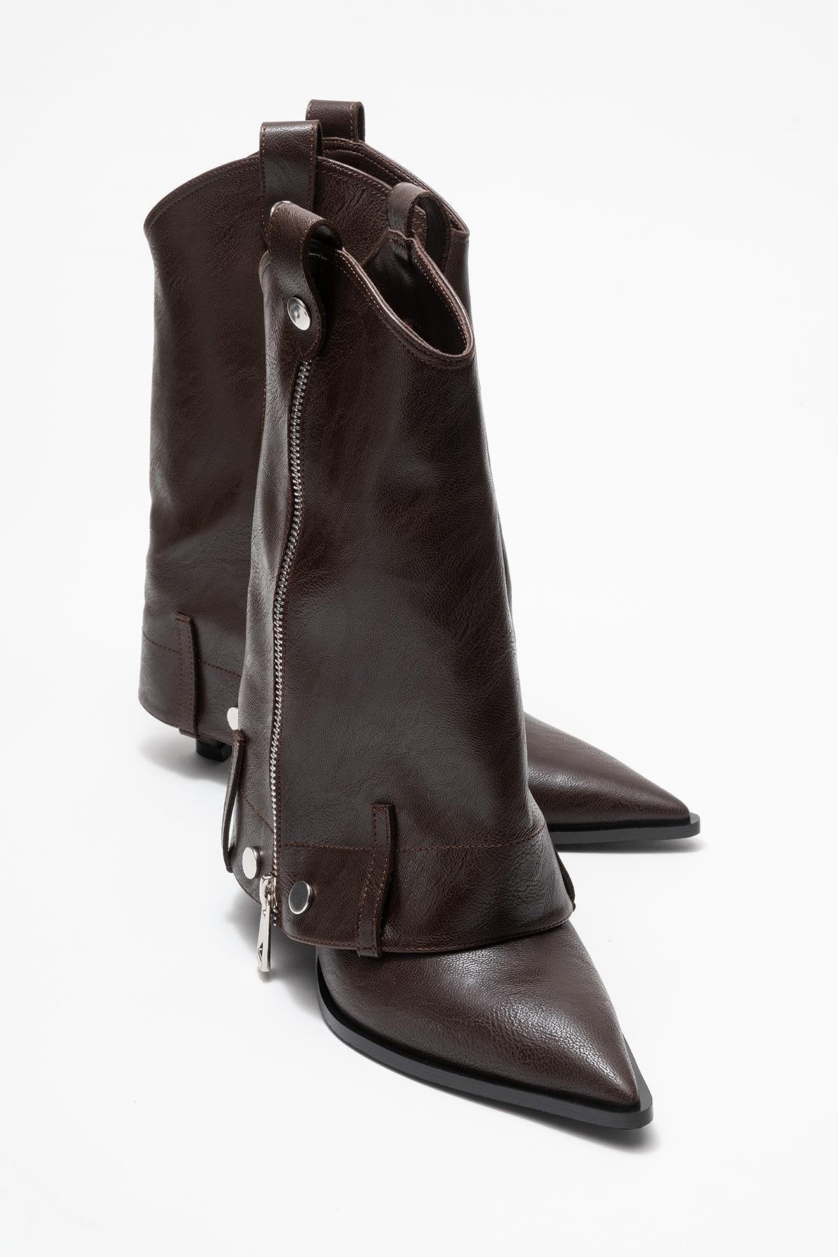 Lola - Brown Zip Pointed Toe Heeled Boot (Women)
