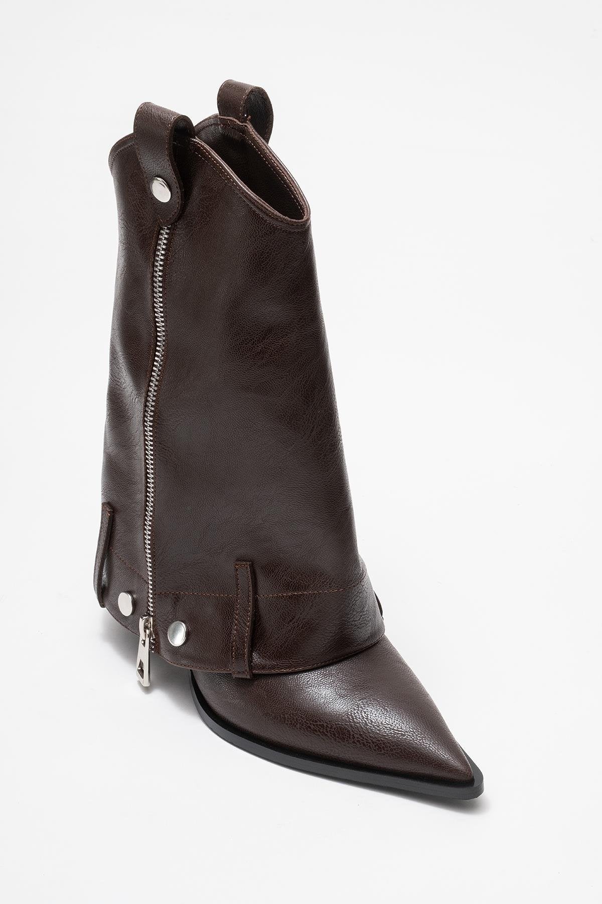 Lola - Brown Zip Pointed Toe Heeled Boot (Women)