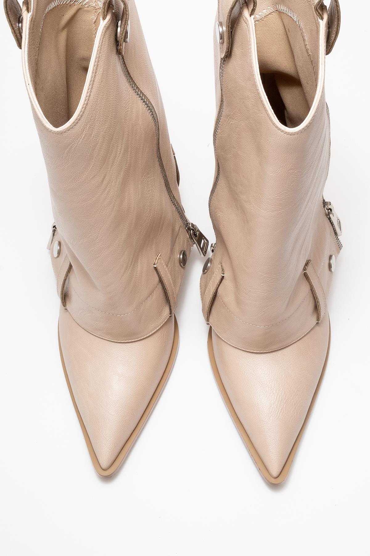 Lola - Beige Zip Pointed Toe Heeled Boot (Women)