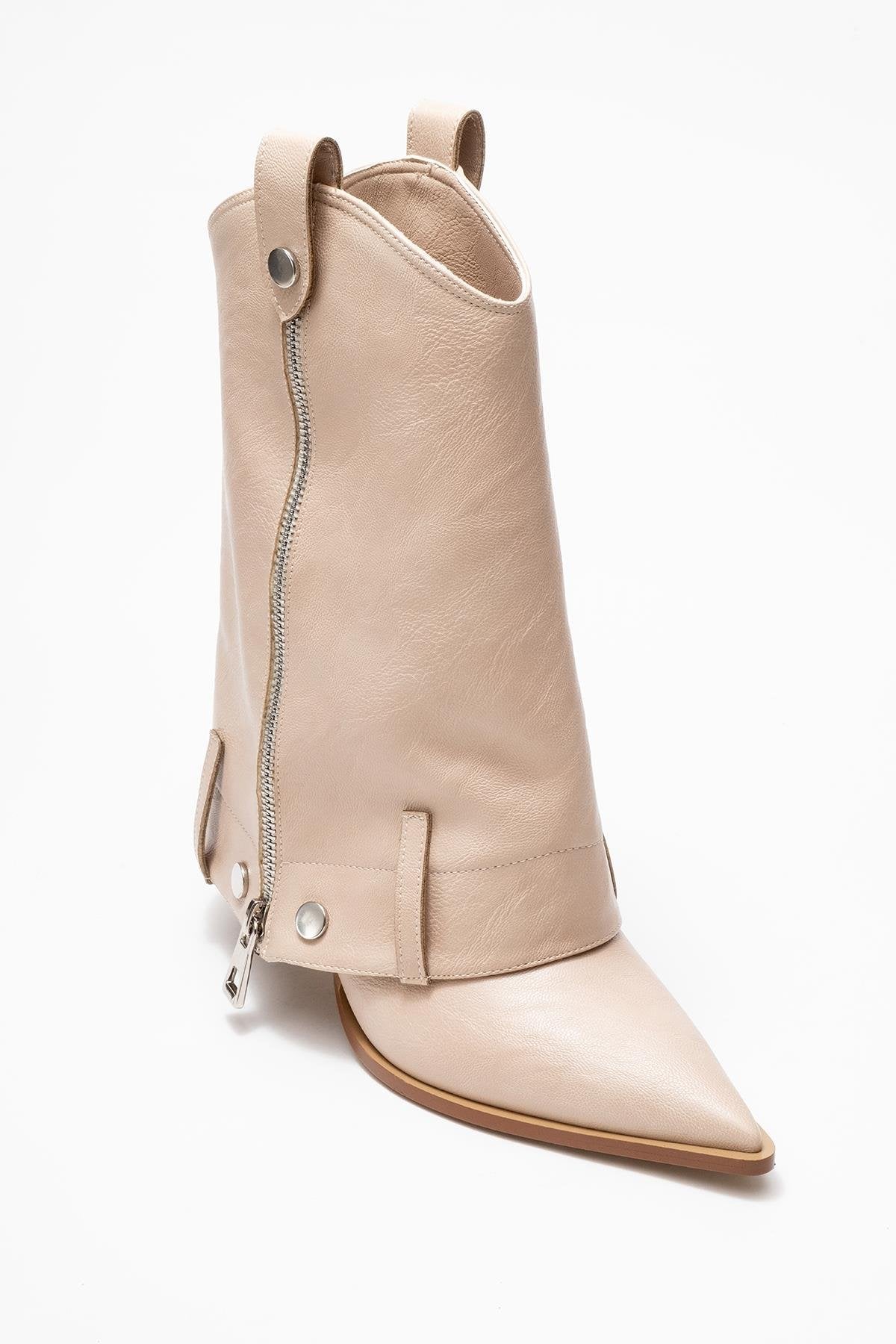 Lola - Beige Zip Pointed Toe Heeled Boot (Women)