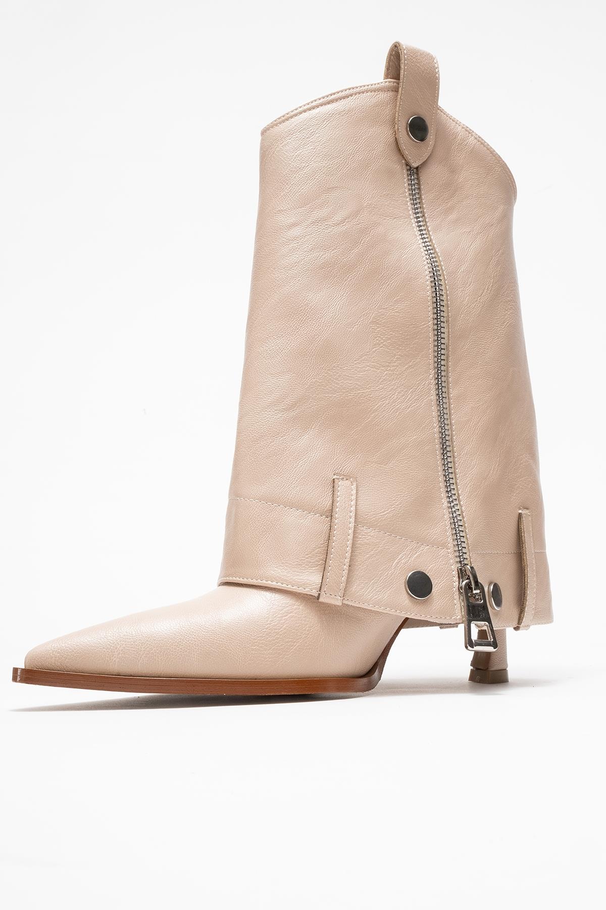 Lola - Beige Zip Pointed Toe Heeled Boot (Women)