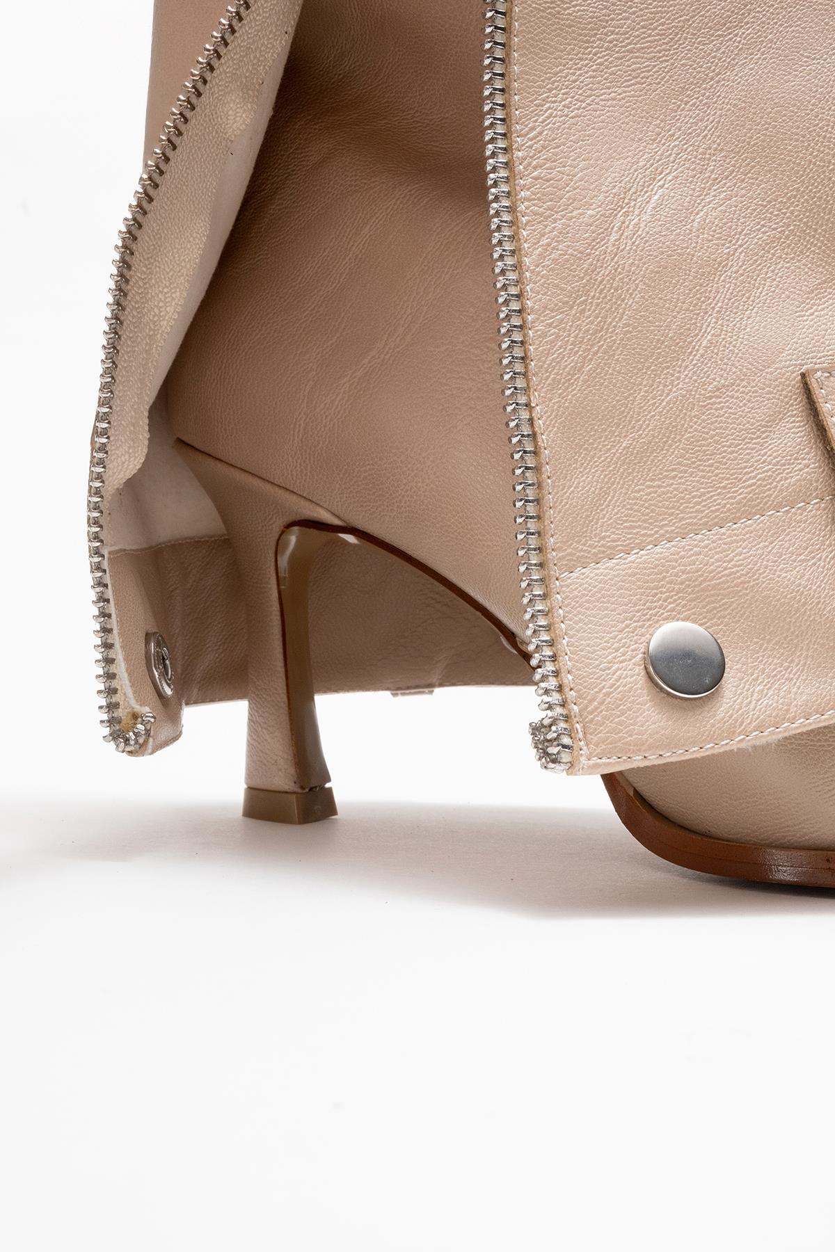 Lola - Beige Zip Pointed Toe Heeled Boot (Women)