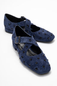 Addison - Navy Jeweled Cross-Strap Ballet Flat (Women)