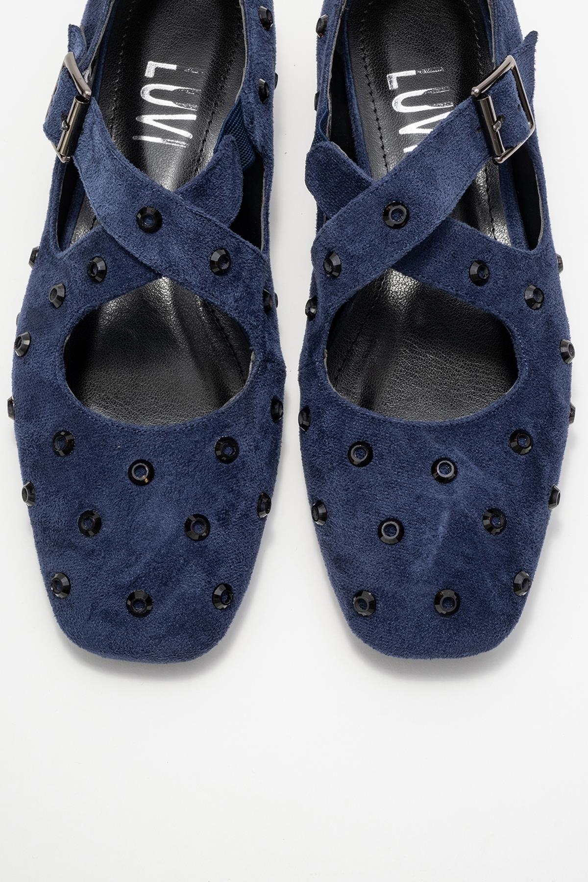 Addison - Navy Jeweled Cross-Strap Ballet Flat (Women)