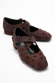 Addison - Brown Jeweled Cross-Strap Ballet Flat (Women)