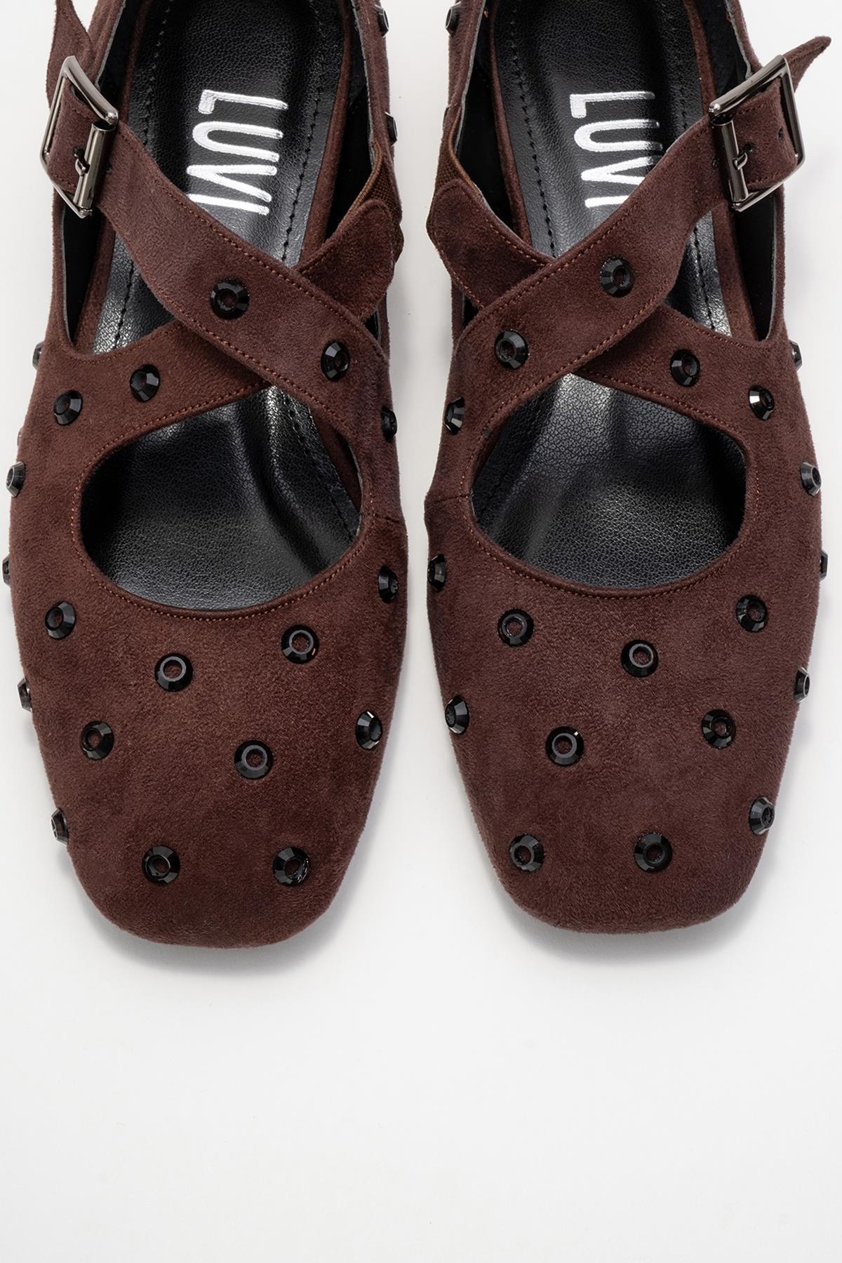 Addison - Brown Jeweled Cross-Strap Ballet Flat (Women)