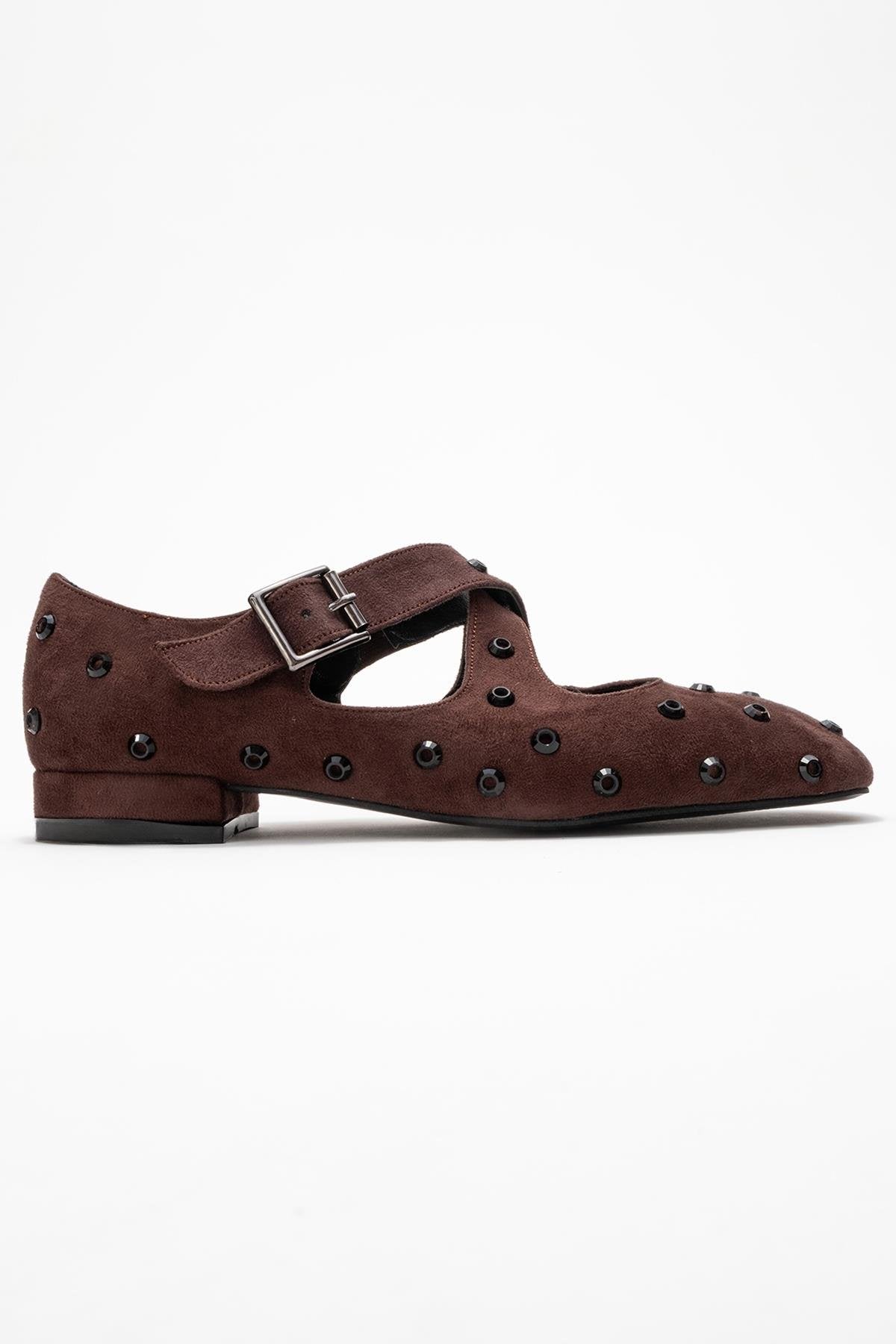 Addison - Brown Jeweled Cross-Strap Ballet Flat (Women)
