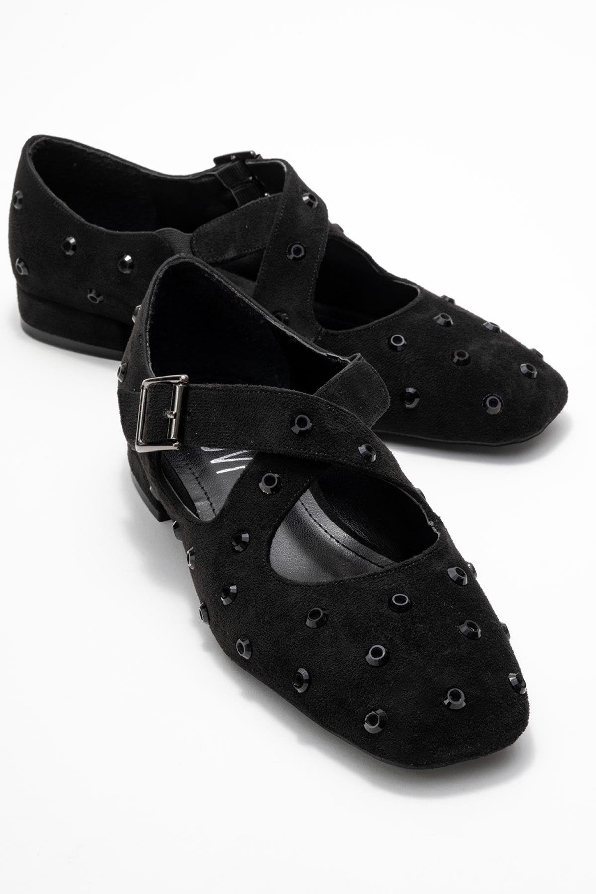 Addison - Black Jeweled Cross-Strap Ballet Flat (Women)