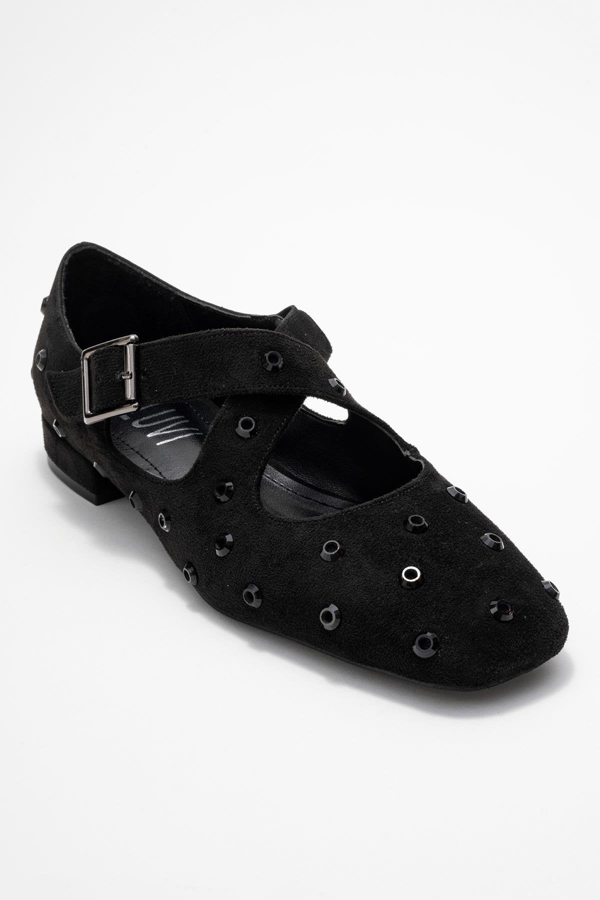 Addison - Black Jeweled Cross-Strap Ballet Flat (Women)