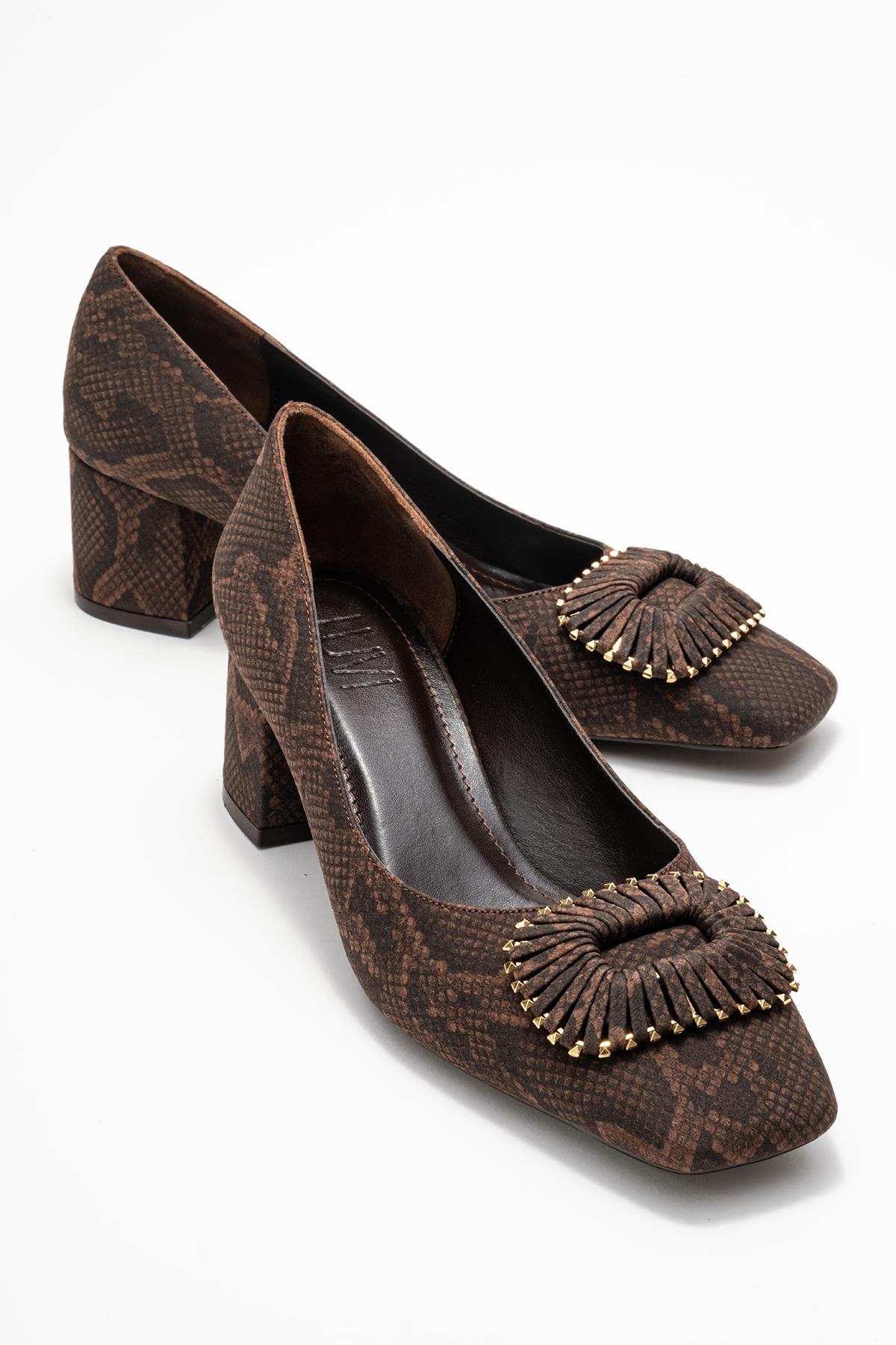 Velora - Brown Patterned Buckled Block Heel Shoe (Women)