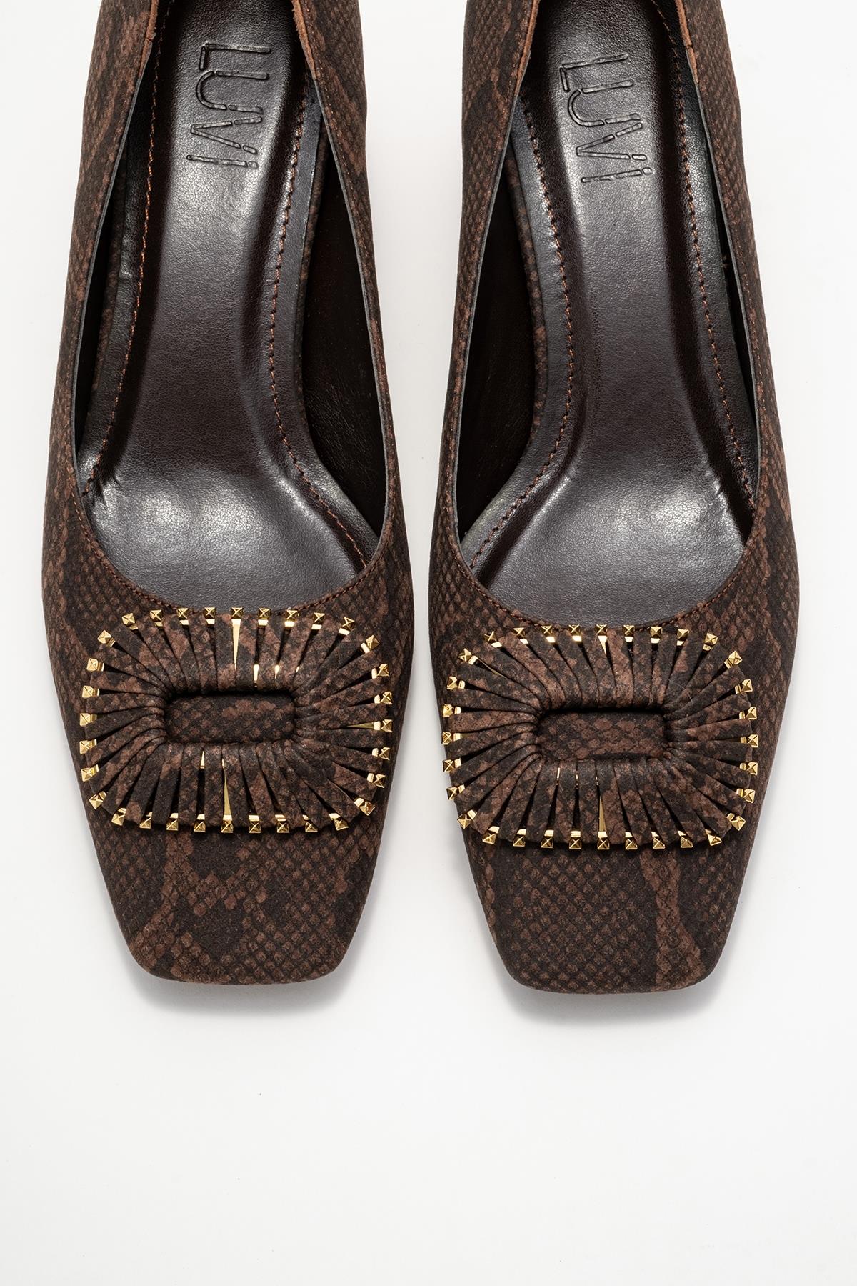 Velora - Brown Patterned Buckled Block Heel Shoe (Women)