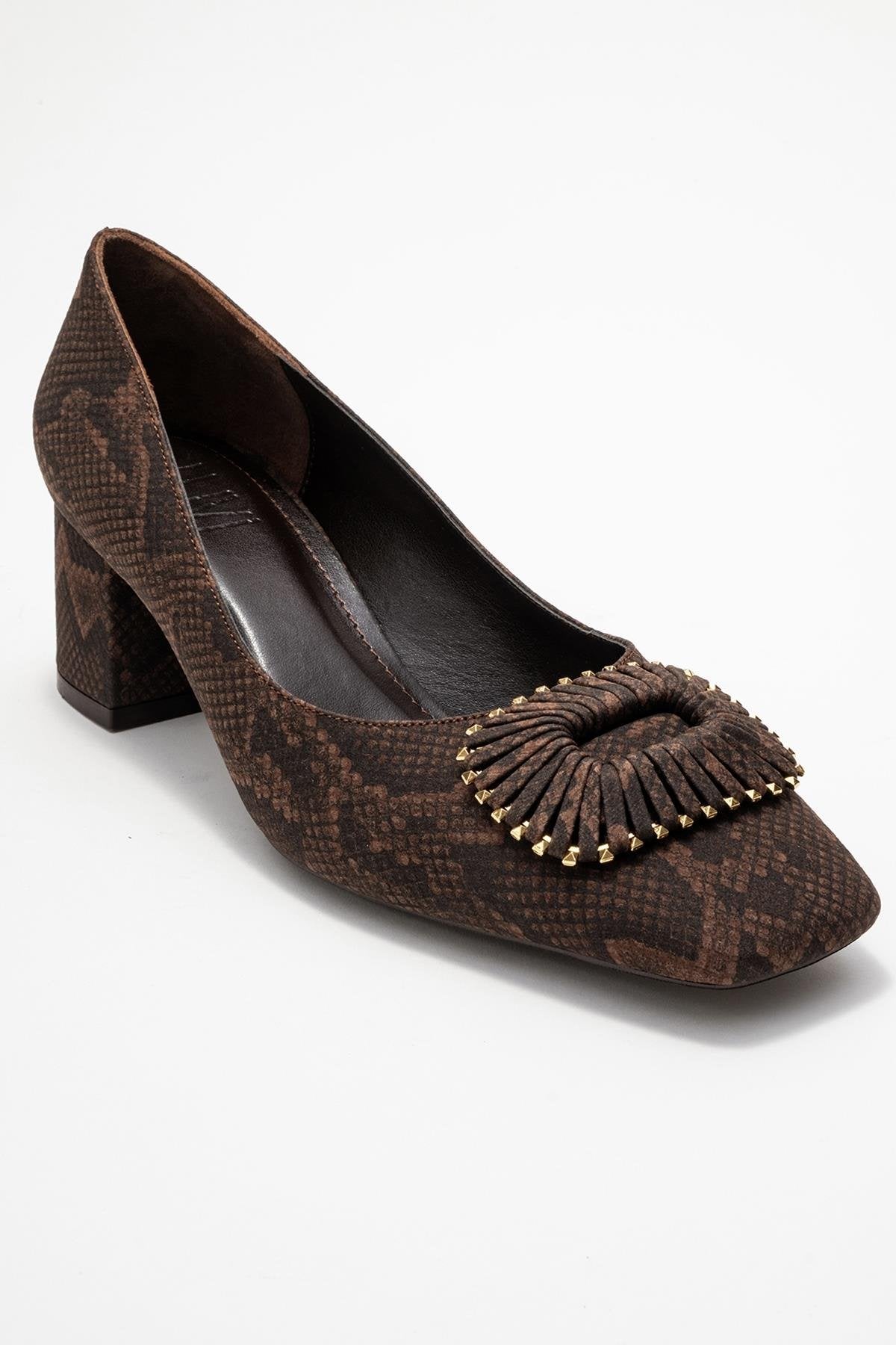 Velora - Brown Patterned Buckled Block Heel Shoe (Women)