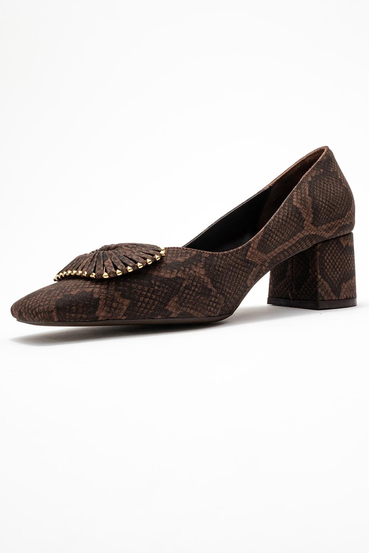 Velora - Brown Patterned Buckled Block Heel Shoe (Women)