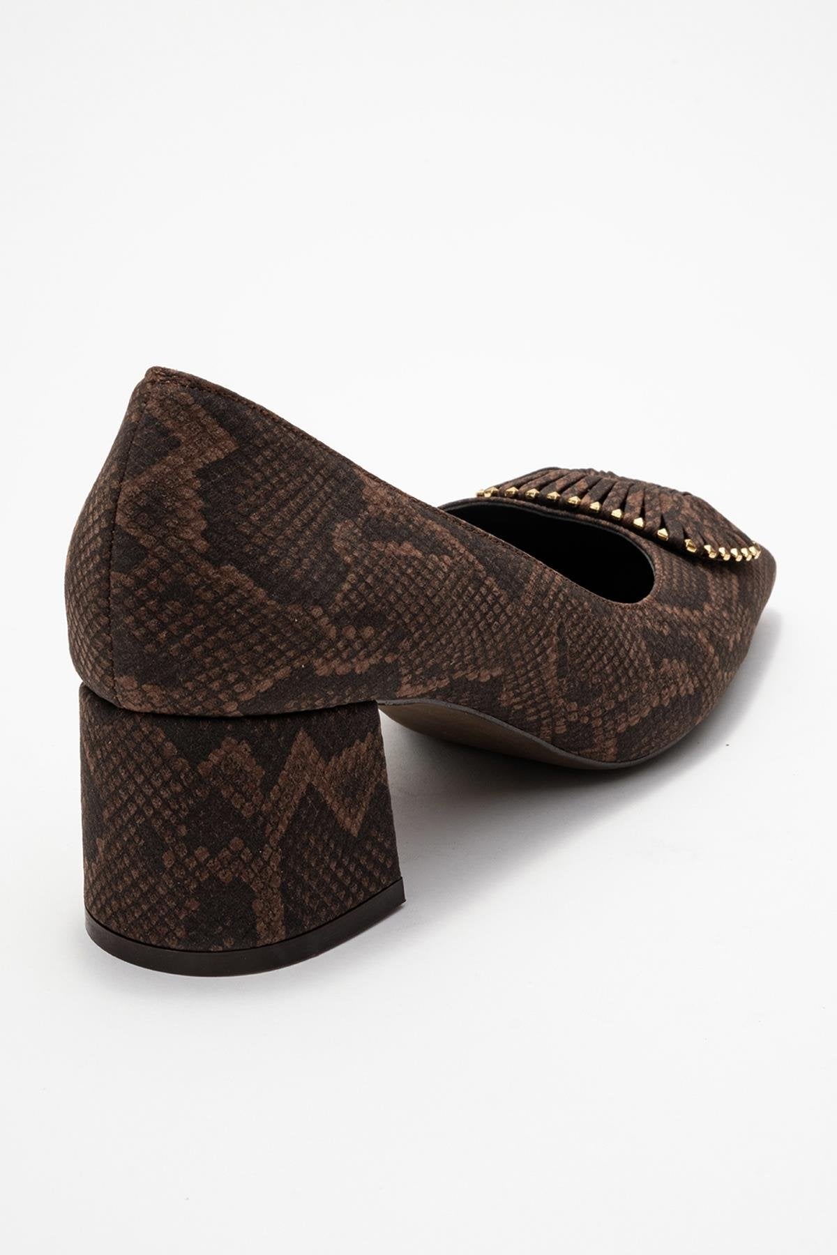Velora - Brown Patterned Buckled Block Heel Shoe (Women)