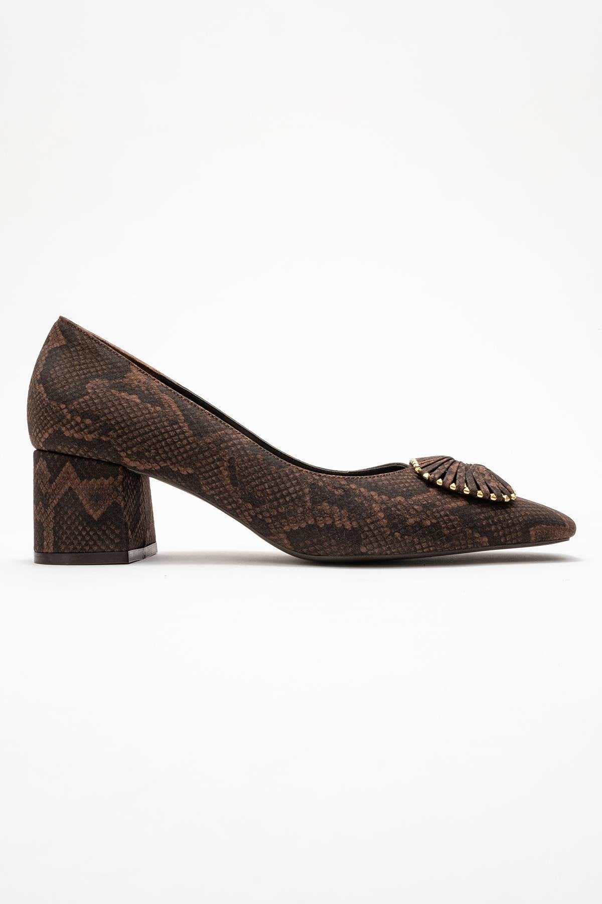 Velora - Brown Patterned Buckled Block Heel Shoe (Women)