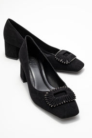Velora - Black Patterned Buckled Block Heel Shoe (Women)