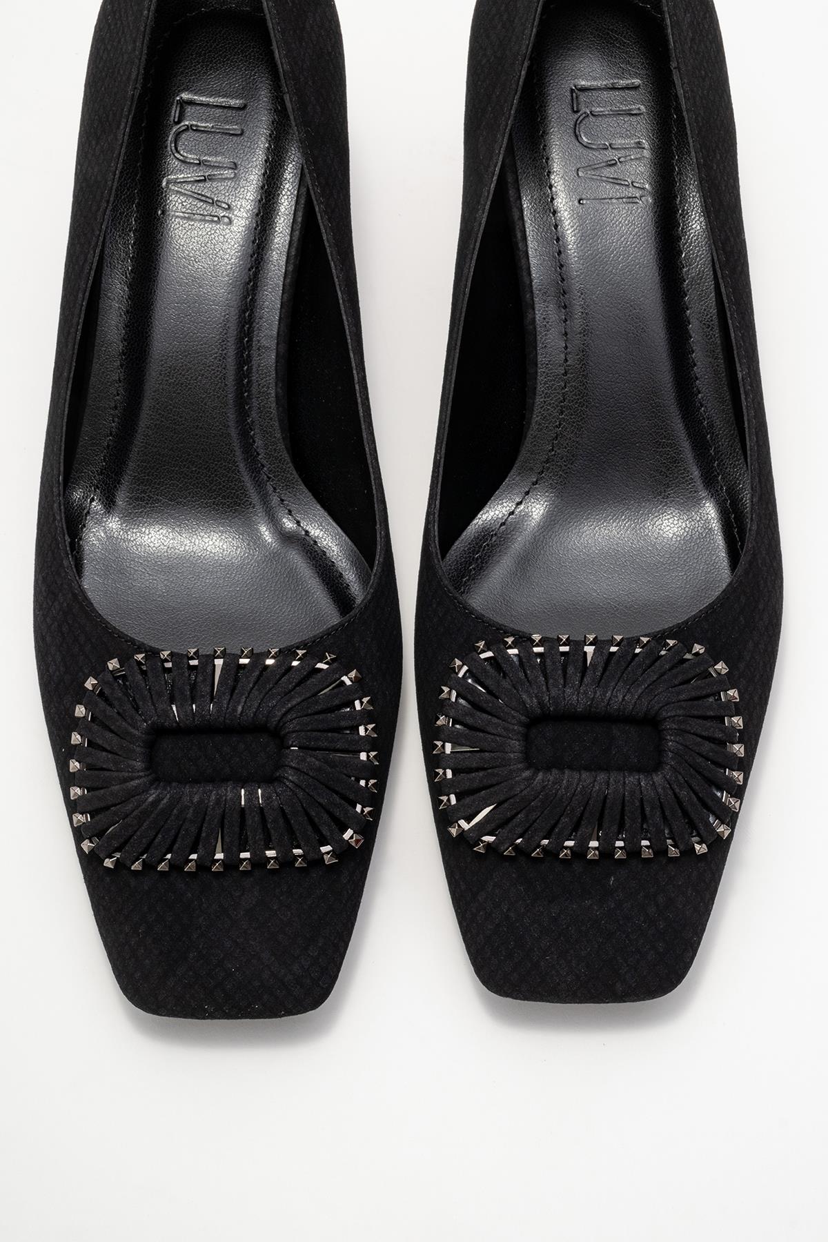 Velora - Black Patterned Buckled Block Heel Shoe (Women)