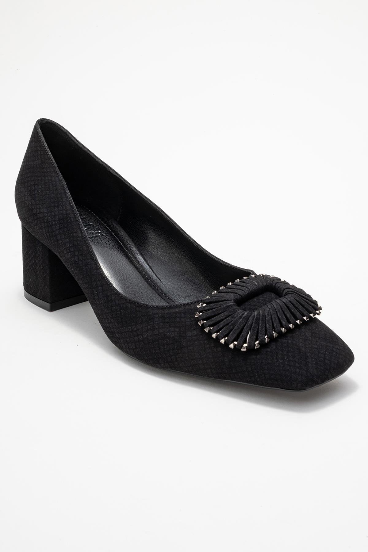 Velora - Black Patterned Buckled Block Heel Shoe (Women)