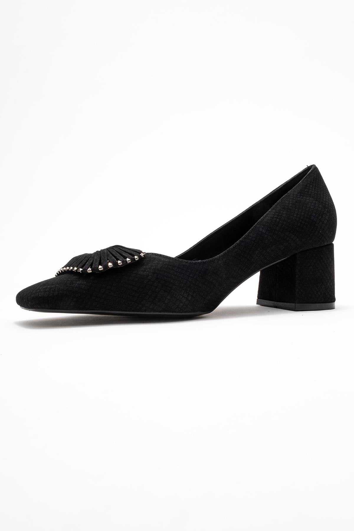 Velora - Black Patterned Buckled Block Heel Shoe (Women)