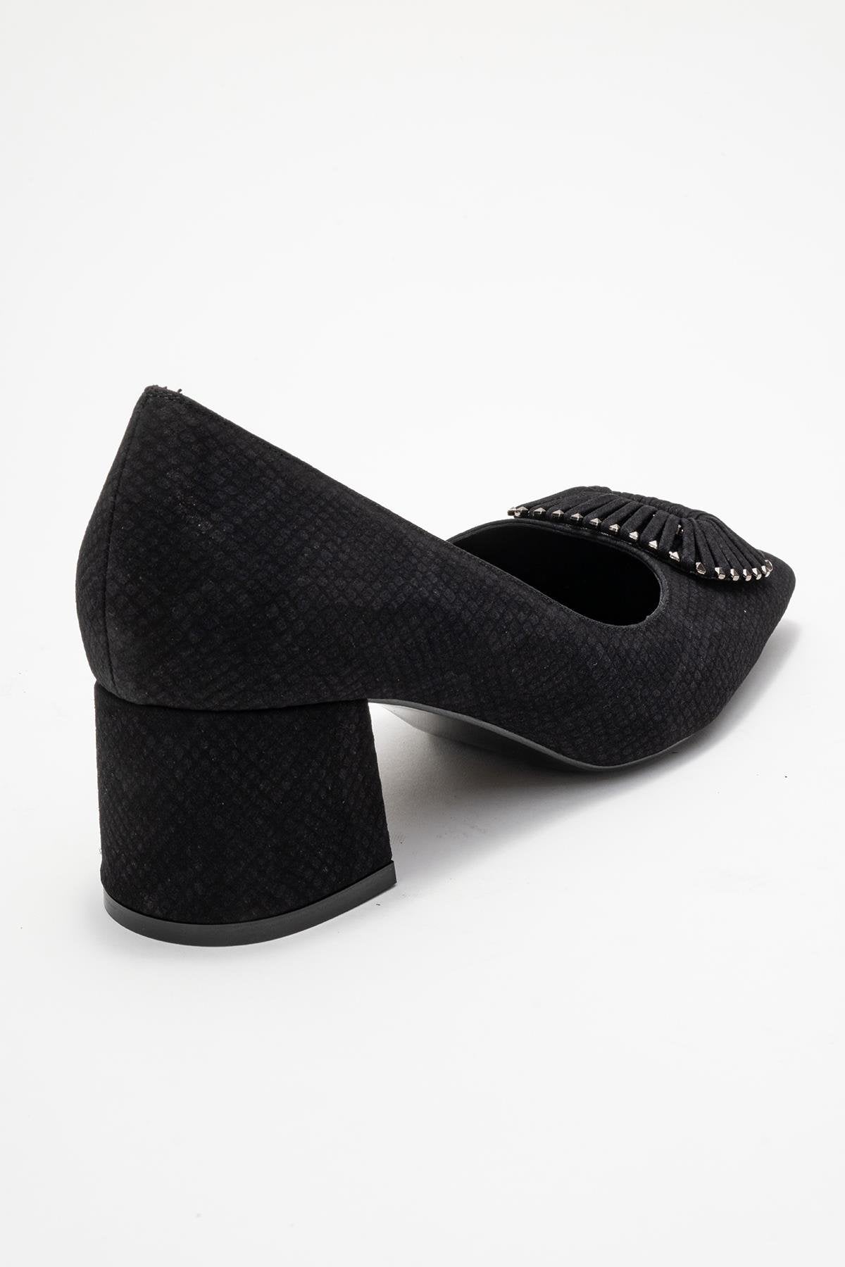 Velora - Black Patterned Buckled Block Heel Shoe (Women)