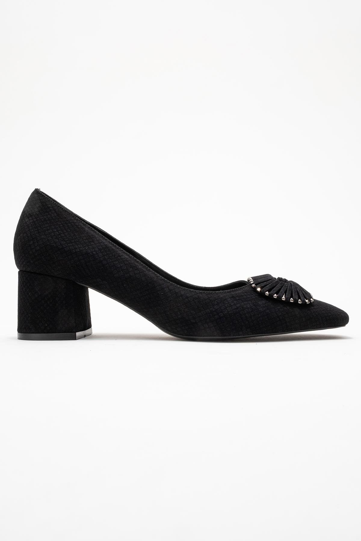 Velora - Black Patterned Buckled Block Heel Shoe (Women)
