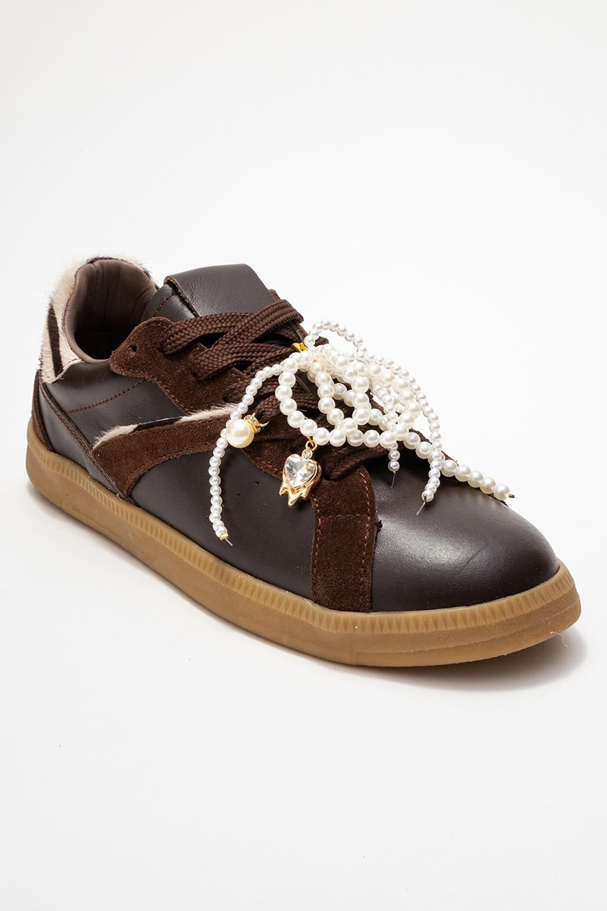 Taren - Brown Genuine Leather Pearl Buckle Casual Sneaker (Women)
