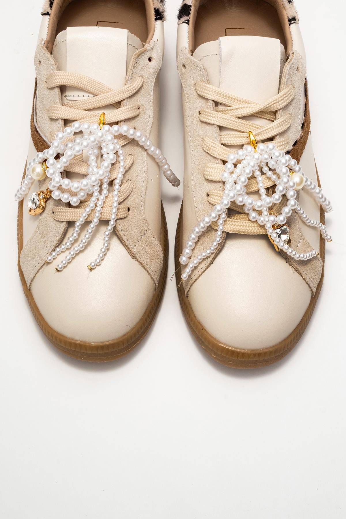 Taren - Beige Genuine Leather Pearl Buckle Casual Sneaker (Women)