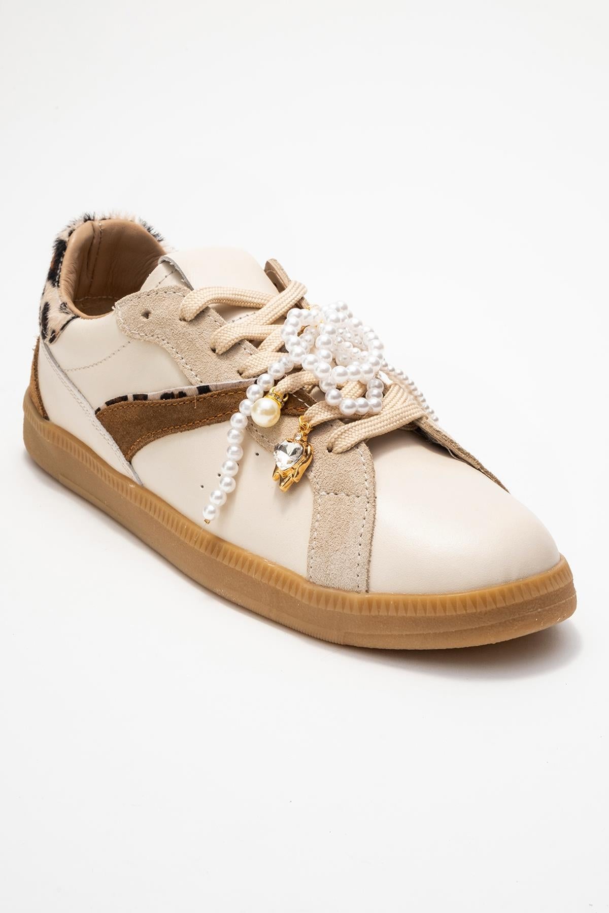 Taren - Beige Genuine Leather Pearl Buckle Casual Sneaker (Women)