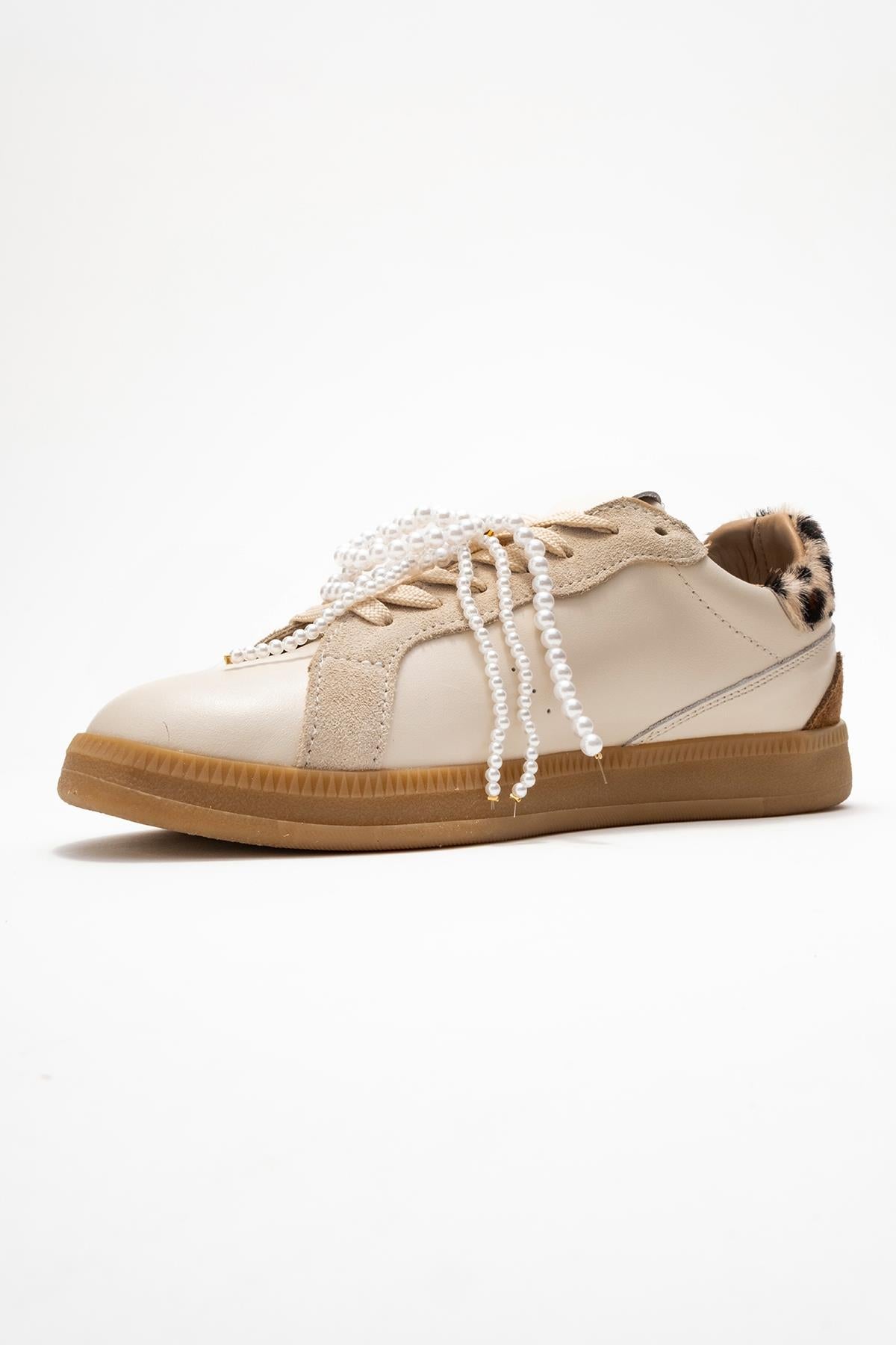Taren - Beige Genuine Leather Pearl Buckle Casual Sneaker (Women)