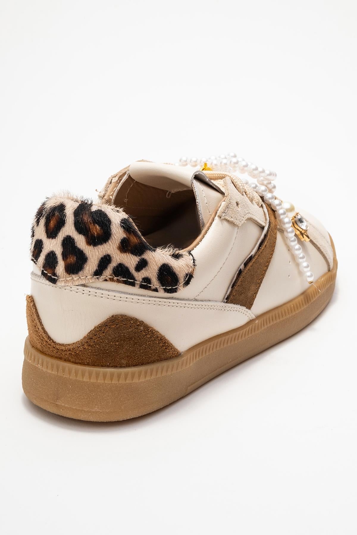 Taren - Beige Genuine Leather Pearl Buckle Casual Sneaker (Women)