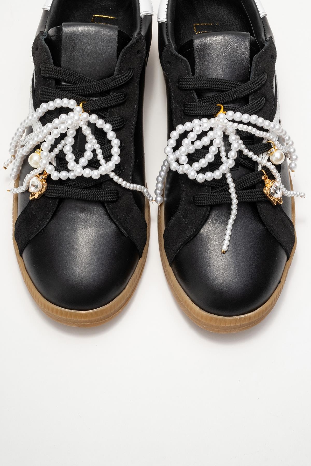 Taren - Black Genuine Leather Pearl Buckle Casual Sneaker (Women)